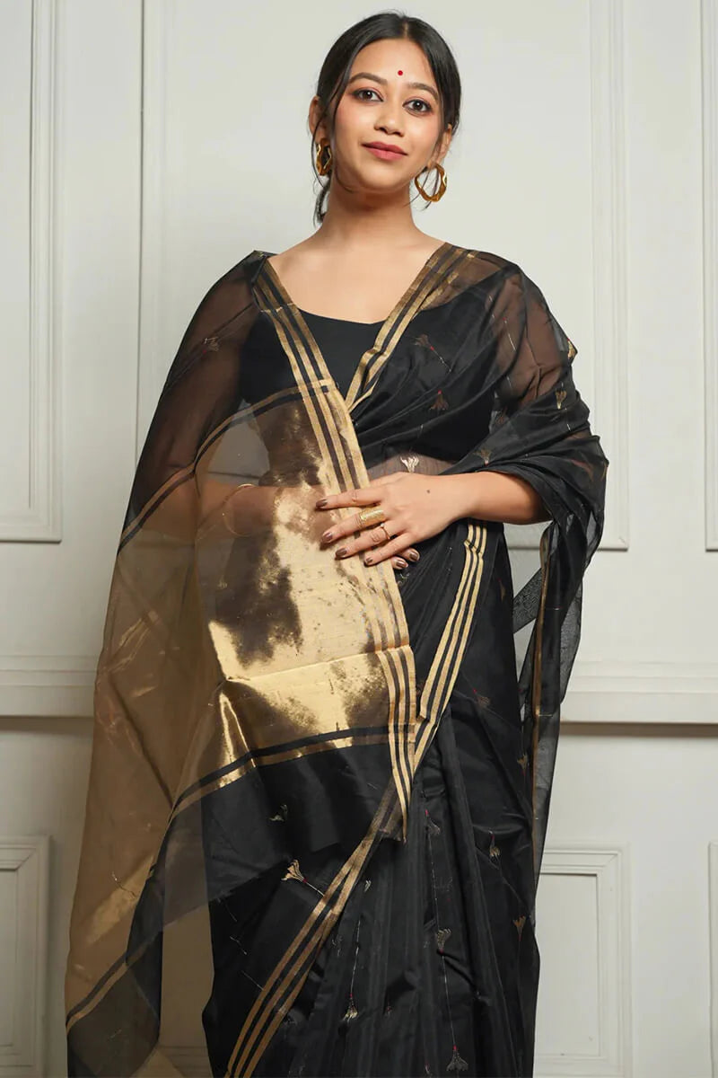 Very Appealing Black Cotton Silk Saree With Stunning Blouse Piece