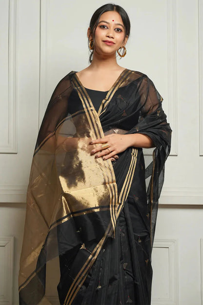 Very Appealing Black Cotton Silk Saree With Stunning Blouse Piece
