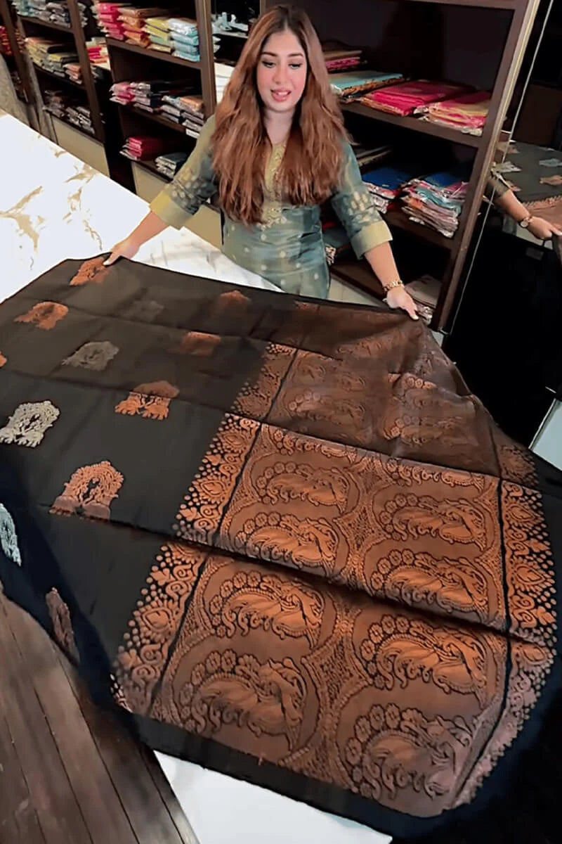 Very Pretty Black Soft Banarasi Silk Saree With Intricate Blouse Piece