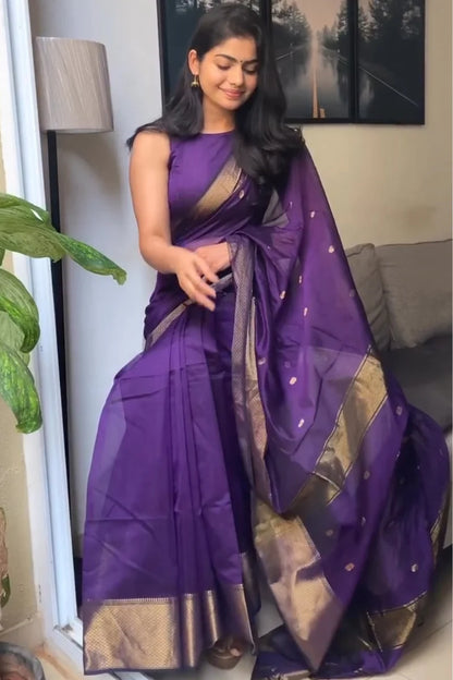 Prepossessing Purple Cotton Silk Saree With Beautiful Blouse Piece