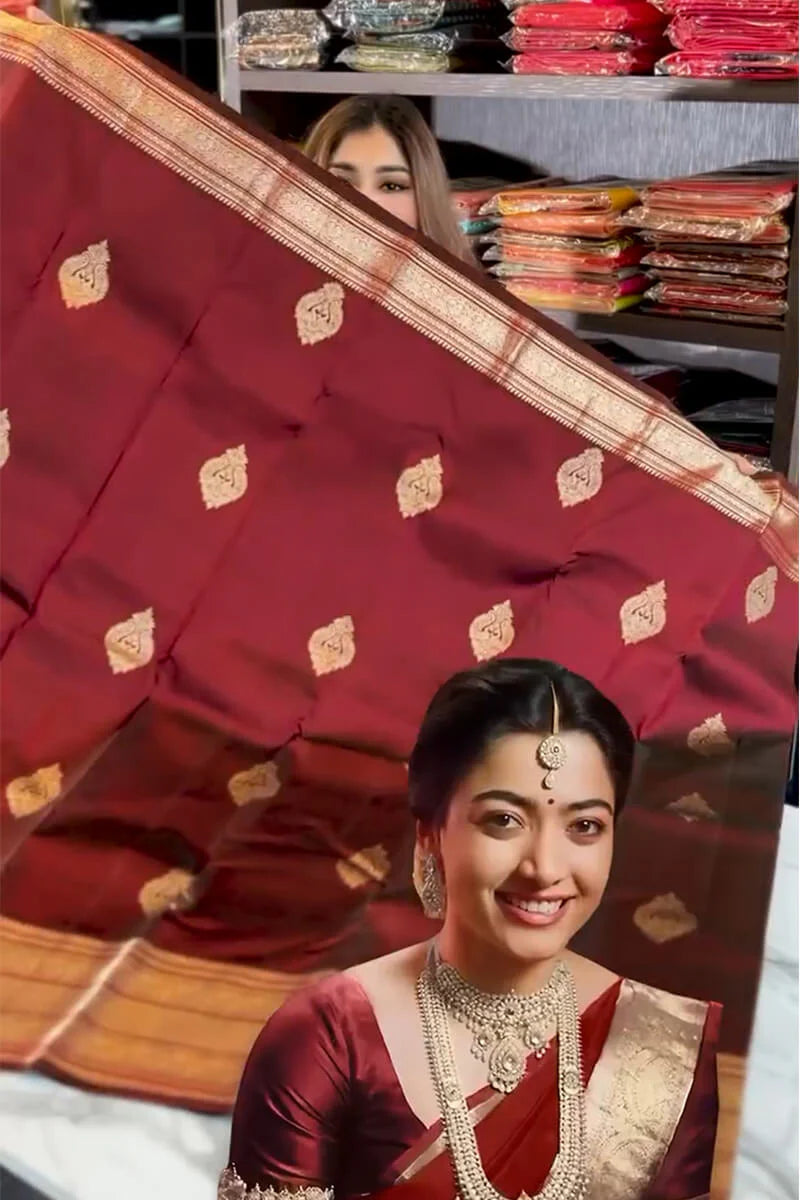 Lovely Wine Soft Banarasi Silk Saree With Pretty Blouse Piece