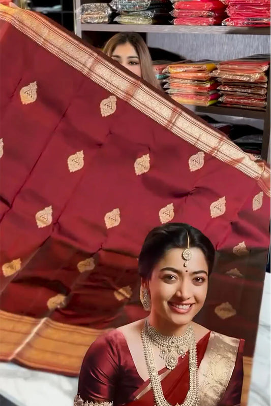 Lovely Wine Soft Banarasi Silk Saree With Pretty Blouse Piece