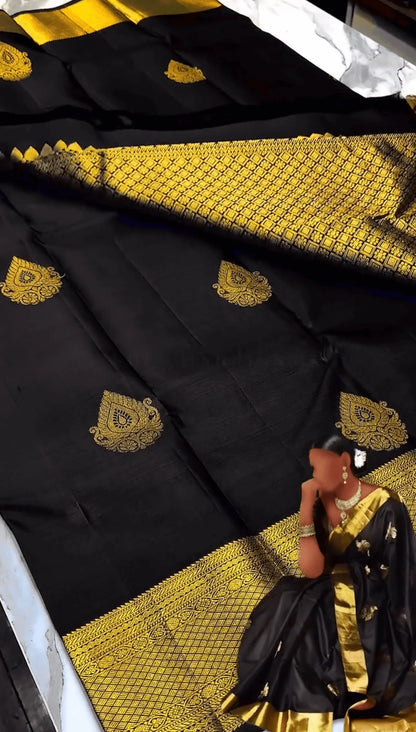 Pleasing Black Soft Banarasi Silk Saree With Beautiful Blouse Piece