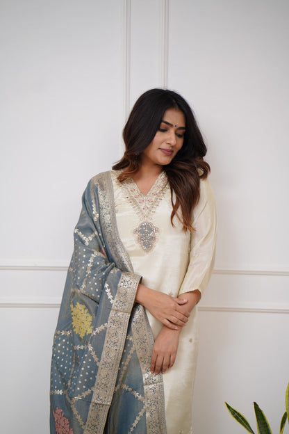 Most Beautiful Off White Viscose Chanderi Silk Suit Set
