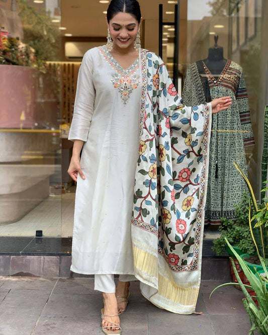 Extraordinary Viscose Chanderi Silk With Embroidary Suit Set