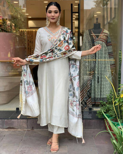 Extraordinary Viscose Chanderi Silk With Embroidary Suit Set