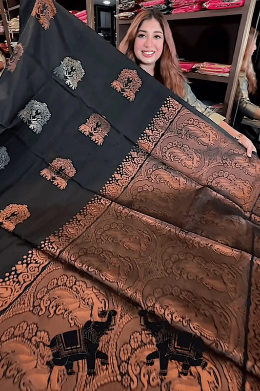 Very Pretty Black Soft Banarasi Silk Saree With Intricate Blouse Piece