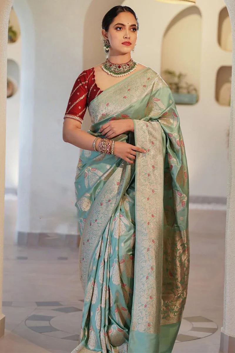 Very Attractive Sea Green Soft Silk Saree With Magnetic Blouse Piece