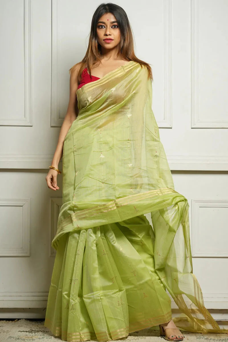 Very Appealing Pista Cotton Silk Saree With Stunning Blouse Piece