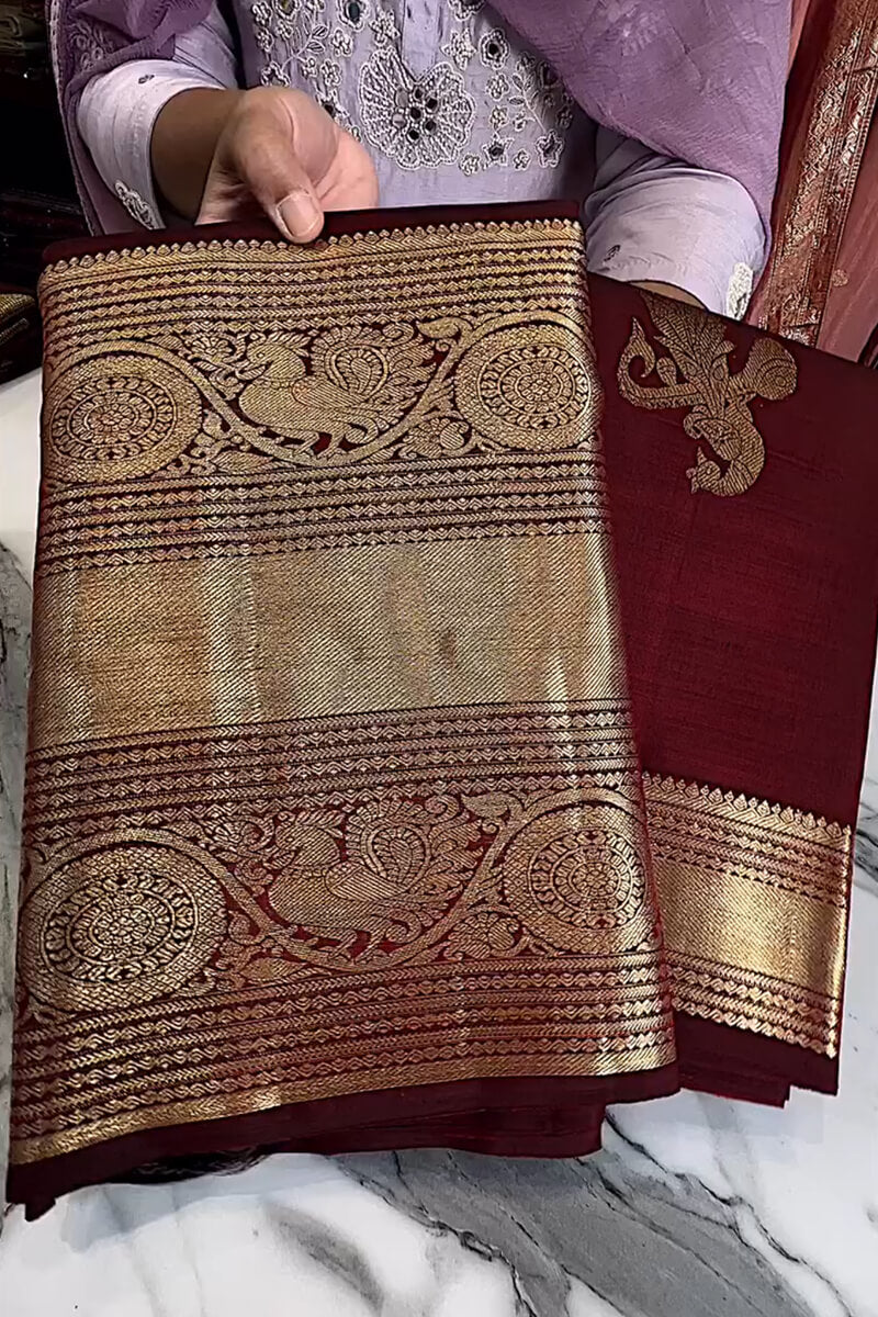 Very Alluring Wine Soft Banarasi Silk Saree With Pretty Blouse Piece