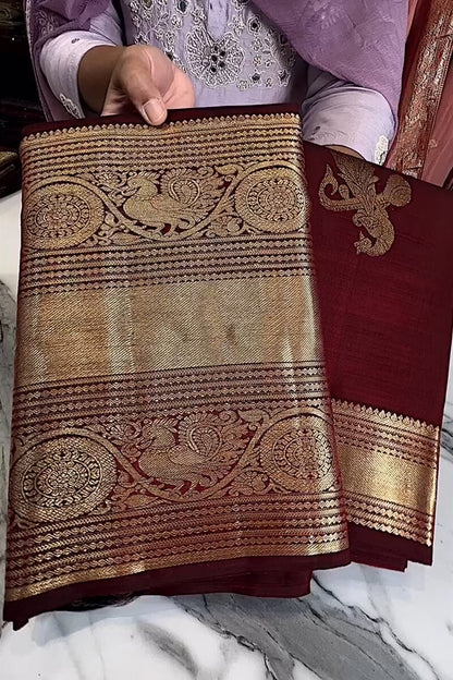 Very Alluring Wine Soft Banarasi Silk Saree With Pretty Blouse Piece