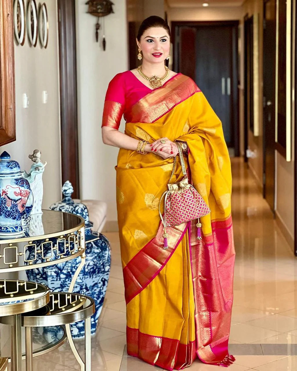 Aesthetic Yellow Soft Banarasi Silk Saree With Blissful Blouse Piece