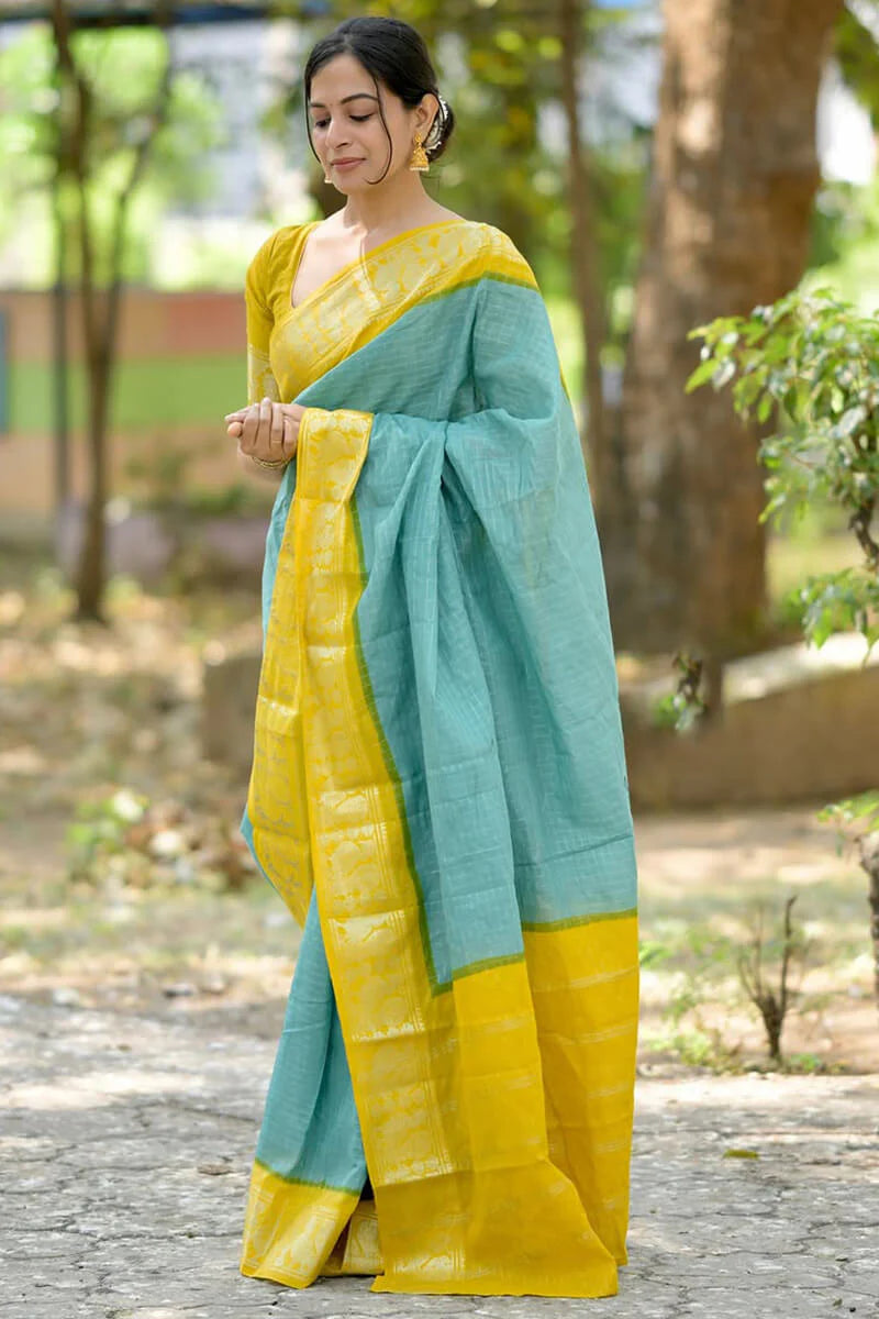 Heavenly Firozi Soft Silk Saree With Lovely Blouse Piece