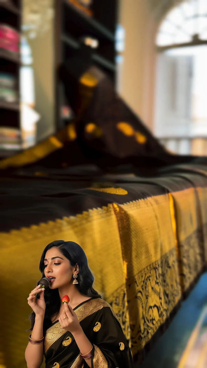 Ravishing Black Soft Banarasi Silk Saree With Glowing Blouse Piece