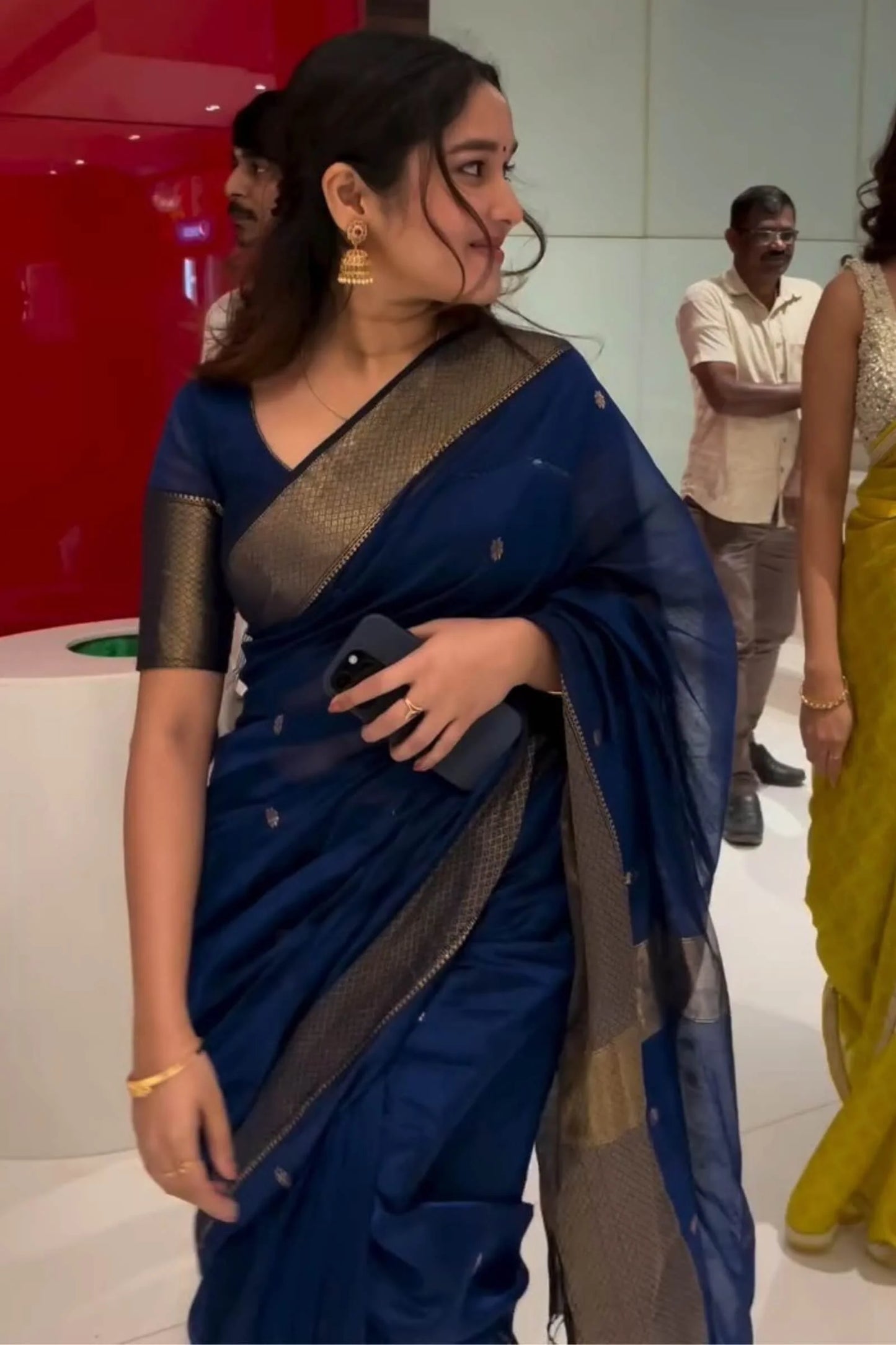 Alluring Navy Blue Cotton Silk Saree With Beautiful Blouse Piece