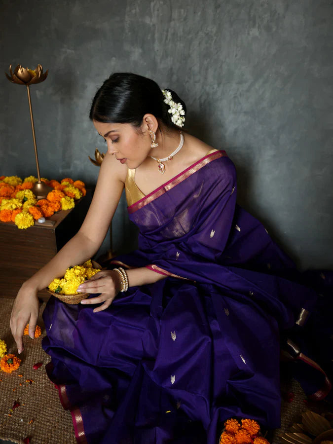 Most Stunning Blue Cotton Silk Saree With Beautiful Blouse Piece