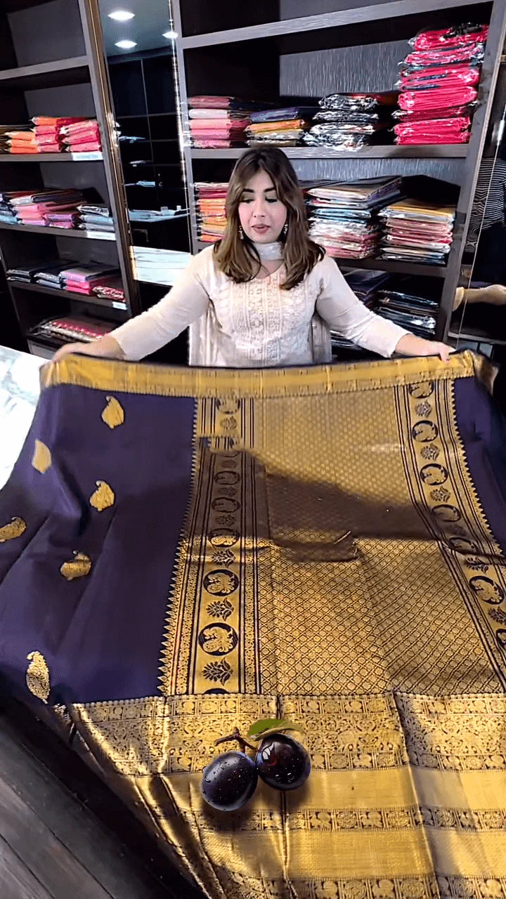 Very Charming Purple Soft Banarasi Silk Saree With Rich Blouse Piece