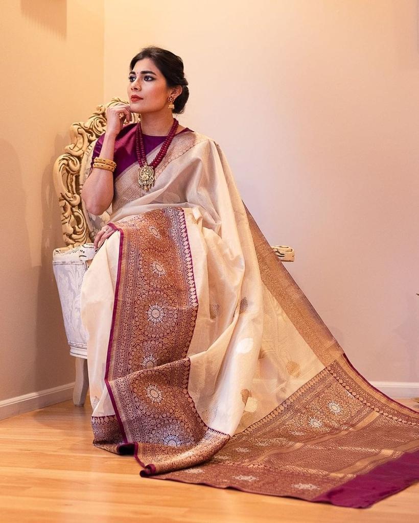 Elegant Beige Soft Banarasi Silk Saree With Lovely Blouse Piece
