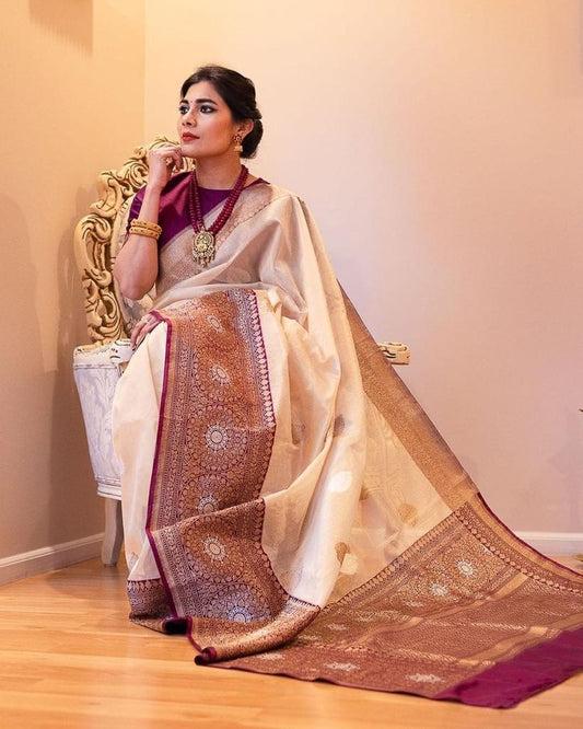 Elegant Beige Soft Banarasi Silk Saree With Lovely Blouse Piece