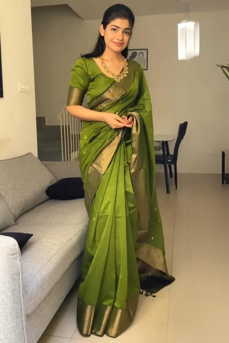 Charming Green Cotton Silk Saree With Beautiful Blouse Piece