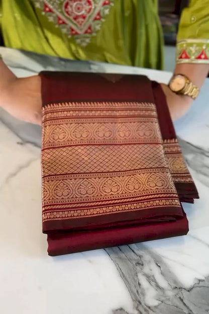 Lovely Wine Soft Banarasi Silk Saree With Pretty Blouse Piece