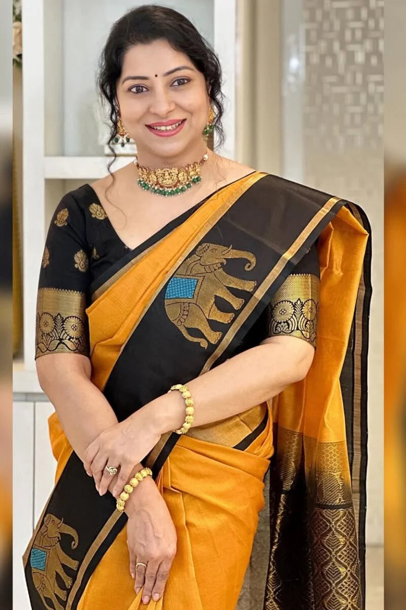 Artistic Mustard Soft Silk Saree With Stunning Blouse Piece