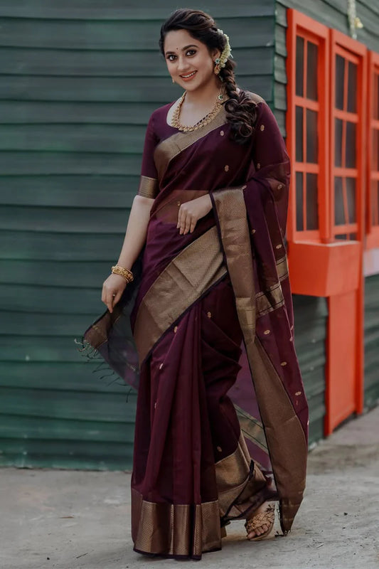 Lovely Wine Cotton Silk Saree With Beautiful Blouse Piece