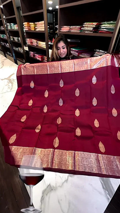 Delightful Wine Soft Banarasi Silk Saree With Blouse Piece