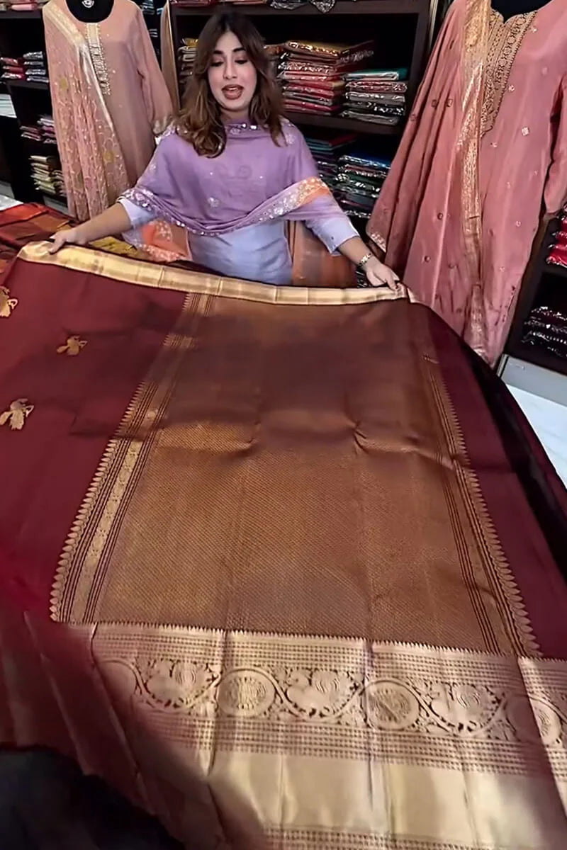 Very Alluring Wine Soft Banarasi Silk Saree With Pretty Blouse Piece