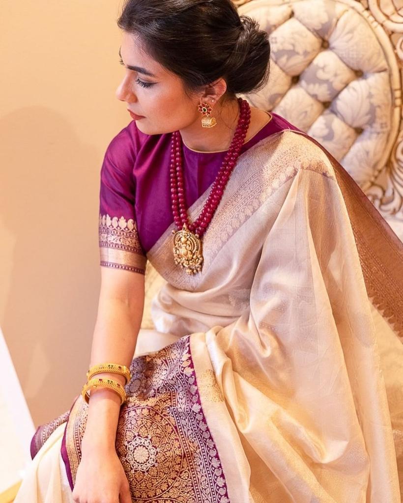 Elegant Beige Soft Banarasi Silk Saree With Lovely Blouse Piece