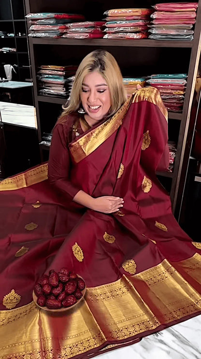 Very Appealing Maroon Soft Banarasi Silk Saree With Lovely Blouse Piece