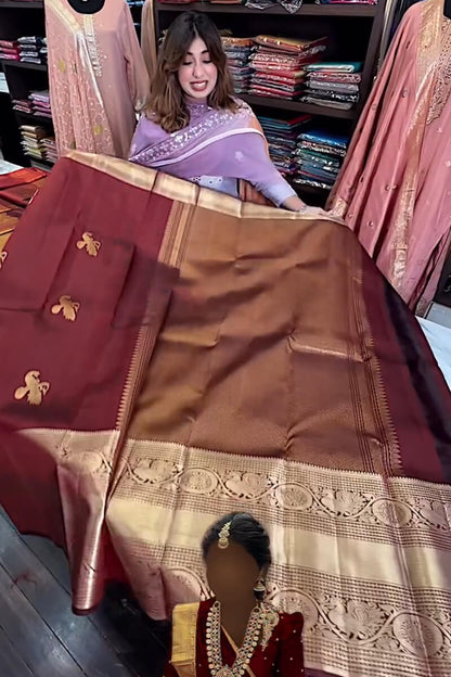 Very Alluring Wine Soft Banarasi Silk Saree With Pretty Blouse Piece