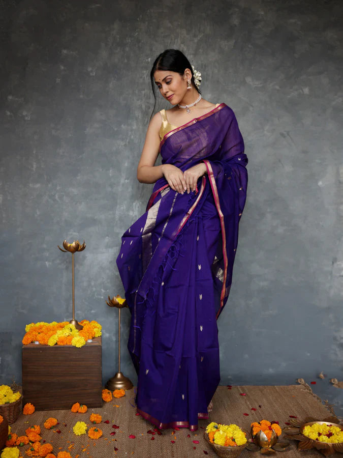 Most Stunning Blue Cotton Silk Saree With Beautiful Blouse Piece