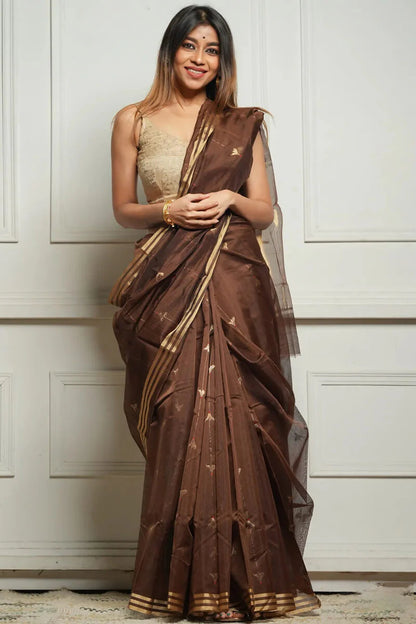 Delightful Brown Cotton Silk Saree With Stunning Blouse Piece