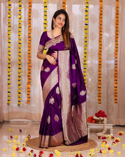 Very Graceful Purple Soft Banarasi Silk Saree With rich Blouse Piece