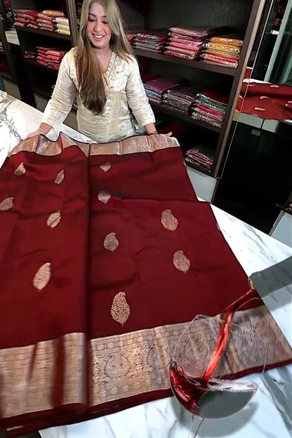 Magnificent Wine Soft Banarasi Silk Saree With Blouse Piece