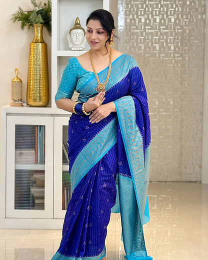Delightful Blue Soft Silk Saree With Designer Blouse Peice