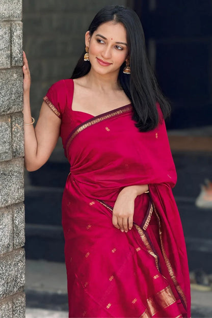 Most Heavenly Dark Pink Cotton Silk Saree With Gorgeous Blouse Piece
