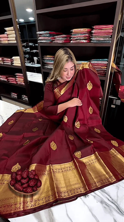 Very Appealing Maroon Soft Banarasi Silk Saree With Lovely Blouse Piece