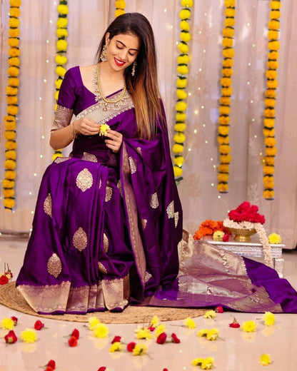 Very Graceful Purple Soft Banarasi Silk Saree With rich Blouse Piece