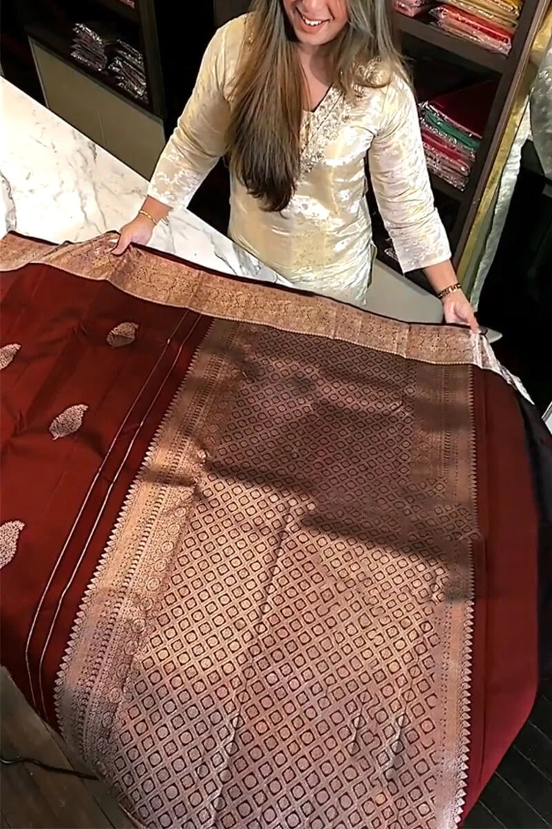 Magnificent Wine Soft Banarasi Silk Saree With Blouse Piece