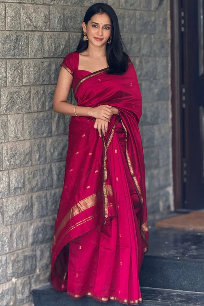 Most Heavenly Dark Pink Cotton Silk Saree With Gorgeous Blouse Piece