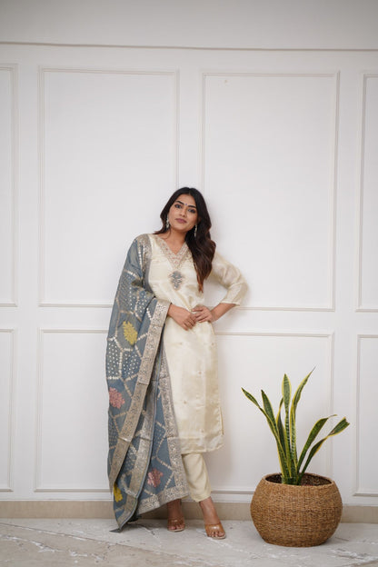 Most Beautiful Off White Viscose Chanderi Silk Suit Set