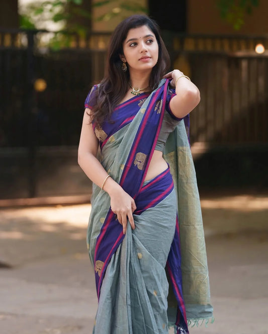 Winsome Grey Cotton Silk Saree With Stunning Blouse Piece
