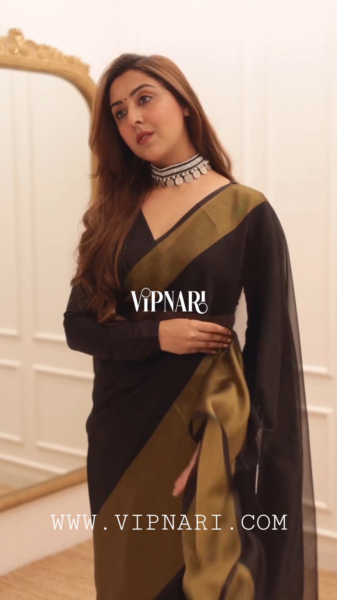 1-min Ready To Wear Saree Black In Premium Chiffon Silk With Zari Patta