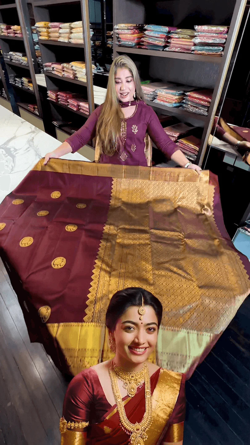 Gorgeous Maroon Soft Banarasi Silk Saree With Tremendous Blouse Piece