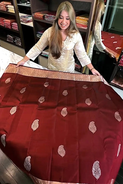 Magnificent Wine Soft Banarasi Silk Saree With Blouse Piece