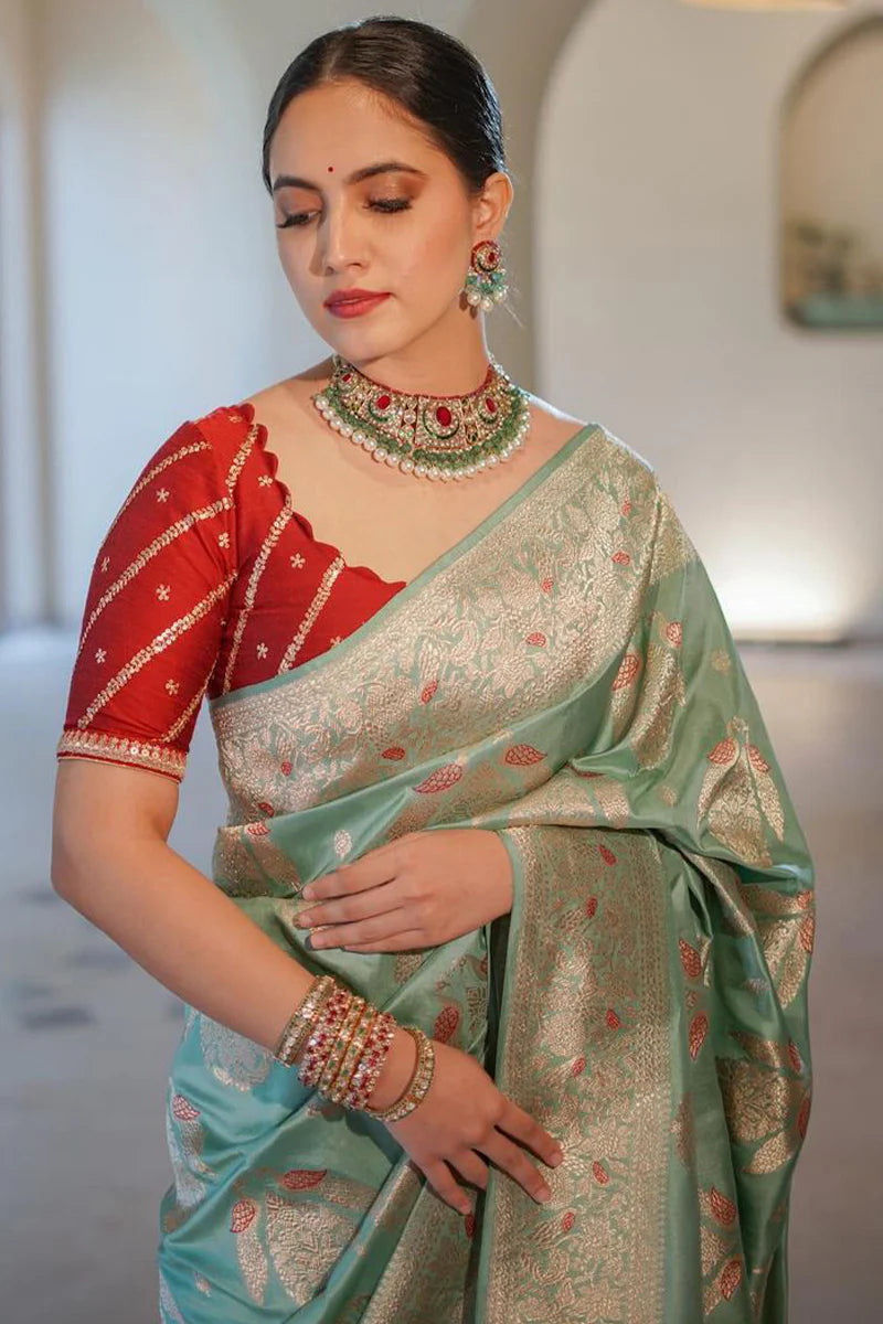Very Attractive Sea Green Soft Silk Saree With Magnetic Blouse Piece
