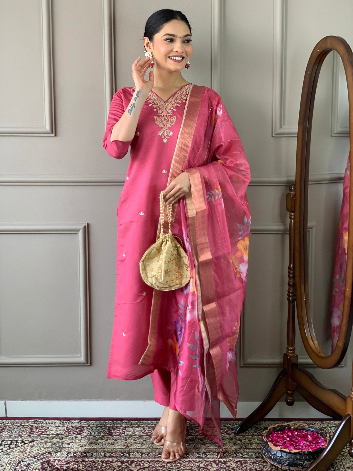 Unique Pastal Pink Viscose Chanderi Silk Embroidary Suit Set
