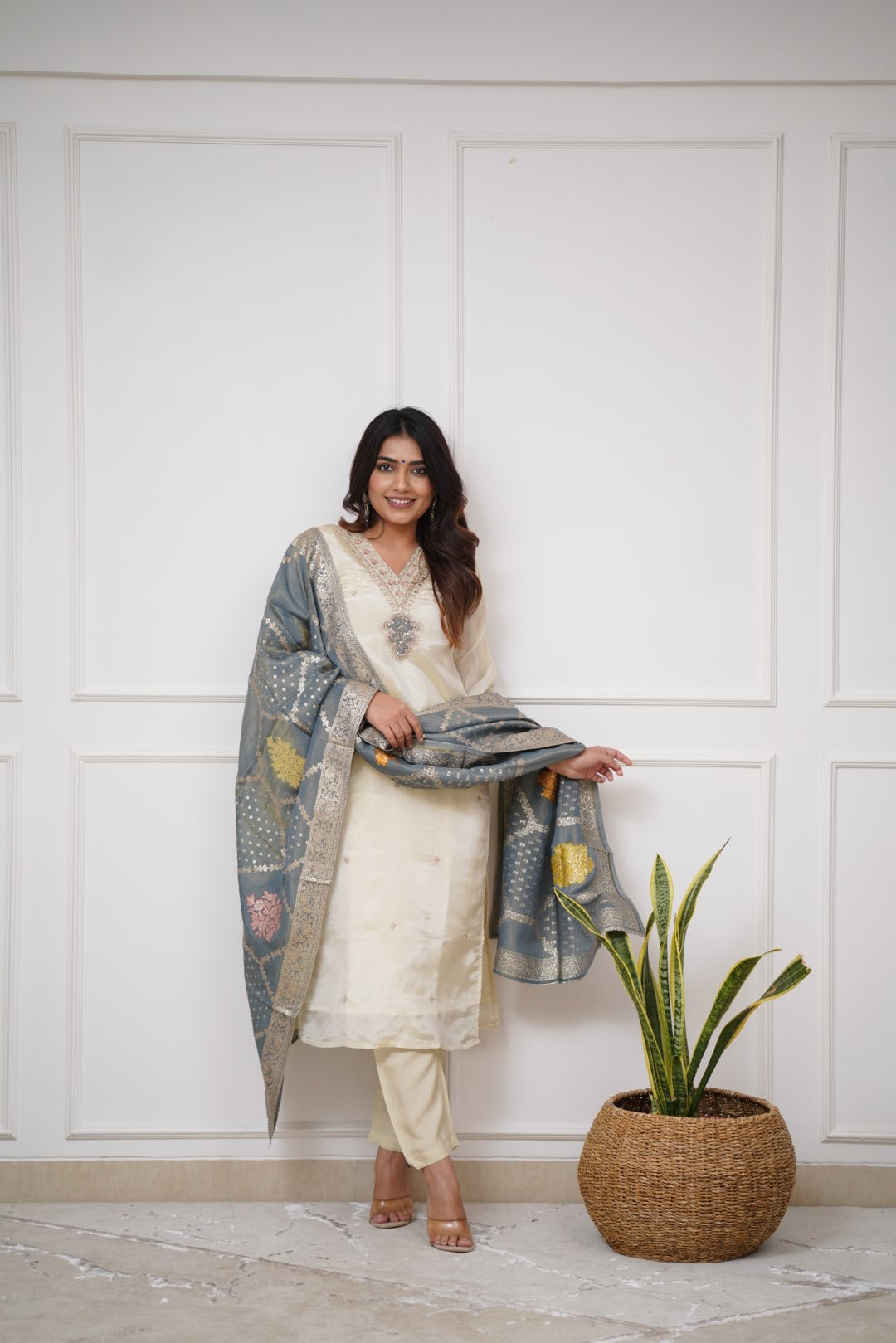 Most Beautiful Off White Viscose Chanderi Silk Suit Set